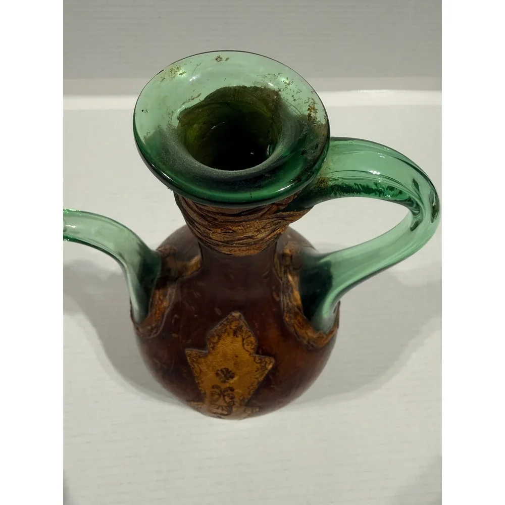 Vintage MCM Italian‎ Leather Wrapped Green Glass Decanter Bottle - 14.5
